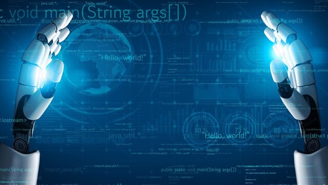 A pair of robotic hands interact with streaming digital data and programming code, showcasing a futuristic vision of technology and human-robot collaboration. Xenic