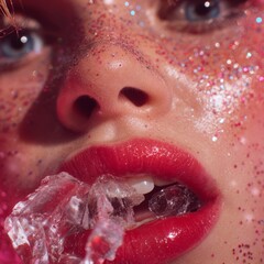 Fototapeta premium High-speed macro close-up of red lips biting a melting ice cube with glitter makeup and freckles, capturing a refreshing and sensual moment with vivid detail