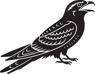 Obraz premium Vector illustration of a black raven bird of prey on a branch with detailed feathers and wings