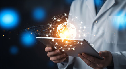 Global healthcare innovation displayed on digital tablet by medical professional