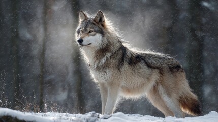 Fototapeta premium Alert grey wolf standing in a snowy winter forest clearing, thick fur dusted with snowflakes against blurred dark trees in the background