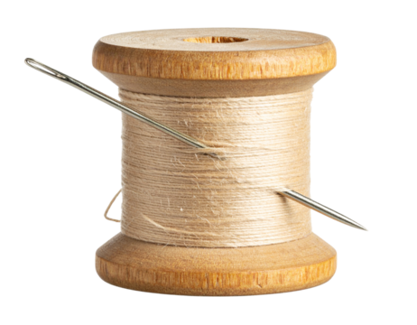  “Vintage Wooden Spool with Threaded Needle Inserted, Isolated PNG”.