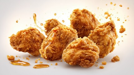 Delicious crispy fried chicken pieces with golden brown coating and honey drizzle appear fresh