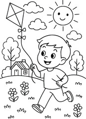 Cartoon-Style Black and White Line Drawing of a Smiling Child Running with a Kite &mdash; Joyful Outdoor Scene Featuring a House, Trees, Flowers, Clouds, and a Sun with a Happy Face