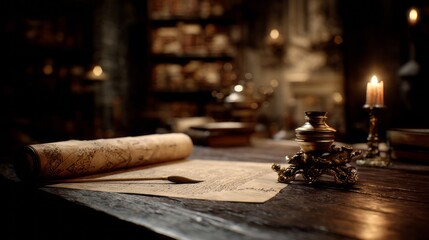 Quiet ancient scholars study with antique scrolls, candles, and brass instruments on a rustic wooden table in a dimly lit warm interior, evoking historical wisdom