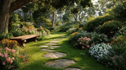 A beautiful garden path adorned with vibrant blooming flowers and elegant stone steps that invite you to explore the picturesque scenery