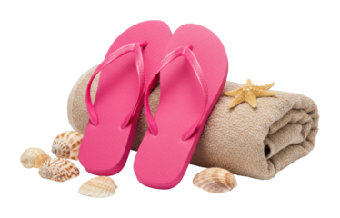 Pink flip-flops and seashells on towel reflecting beach vibes. Cut out PNG