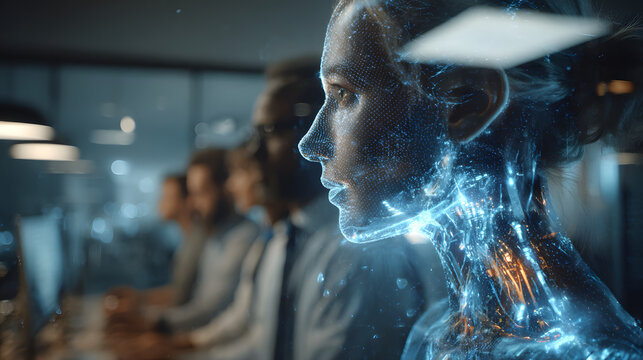 An AI hologram agent representing autonomy and teamwork, standing beside humans in a modern office, symbolizing collaboration between artificial intelligence and human workforce