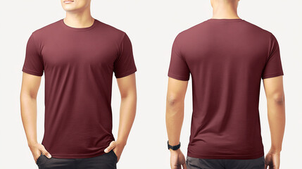 Detailed maroon flat t-shirt mock-up template with clean edges. Male model in cotton shirt, front and back view. Neat display for apparel.