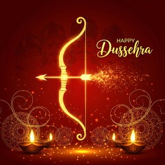 Golden bow and arrow with dussehra greetings and diyas