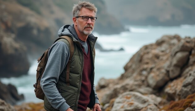 Thoughtful man exploring rocky coastline - Powered by Adobe