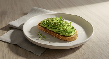 Sunlit Gourmet Avocado Toast with Fanned Slices and Fresh Microgreens.