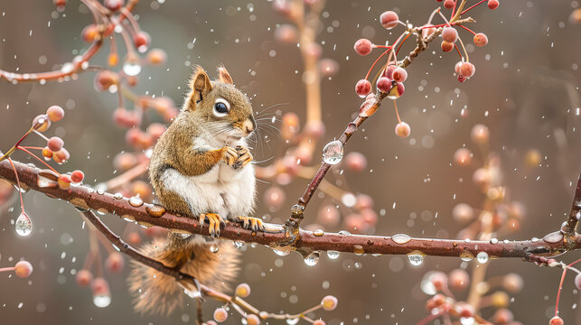Squirrel perched on a branch amidst falling snow, surrounded by red berries, showcasing the beauty of wildlife and the importance of animal protection in nature - Powered by Adobe