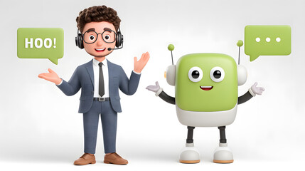 Dialogue between Man and Chatbot: An engaging dialogue unfolds as a human interacts with a cheerful chatbot.