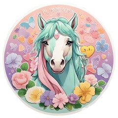 Kawaii pastel unicorn with flowers and hearts in cute cartoon style