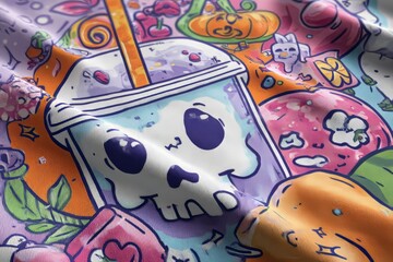Colorful cartoon bubble tea cup with cute skull face, purple straw and playful Halloween decorations of pumpkins and candy on a vibrant pink background.