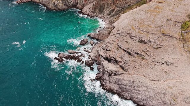 Aerial view of rocky beach &Scaron;krinjica on the island of Krk near the town of Baska. Adriatic coastline, Croatia 