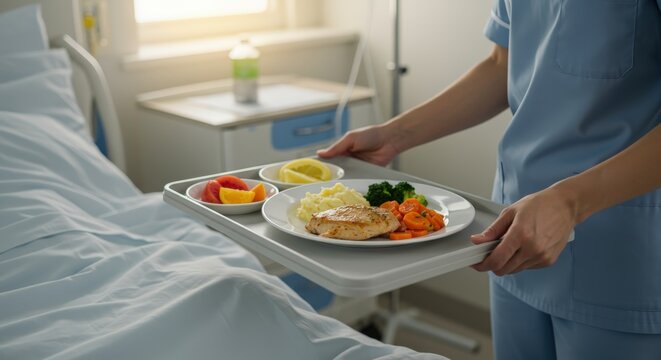Nurse serves healthy meal on tray to patient in hospital room during daytime