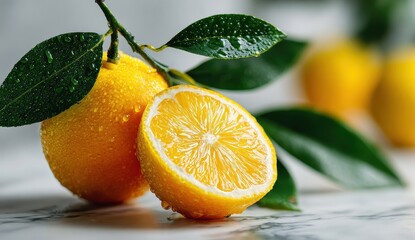 Fresh vibrant citrus fruit with lush green leaves beautifully arranged on a polished marble surface showcasing the natural beauty and freshness of lemons in a stunning visual presentation