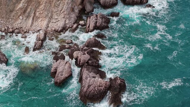 View from above of rocky coastline on the Krk island near the town of Baska. Adriatic Sea 