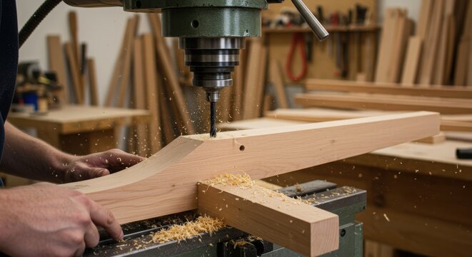 Woodworking shop activity showing a drill press in action on a wooden project