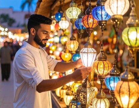 Man examines colorful glass lanterns at a bustling night market