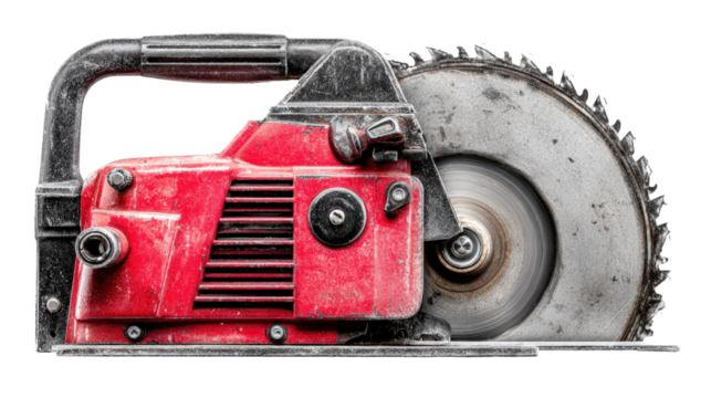 Industrial electric saw with large blade and cooling vents background isolated on a Transparent background, PNG file.