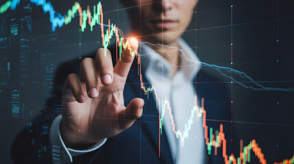 Focused businessman analyzing dynamic stock market trends on futuristic digital interface with city skyline overlay