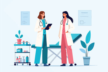 Two female doctors consulting in a modern medical clinic office vector illustration