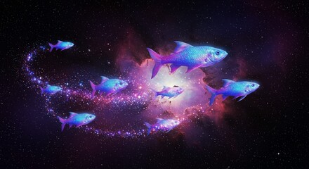 Obraz premium Colorful fish swimming through a cosmic galaxy with sparkling effects