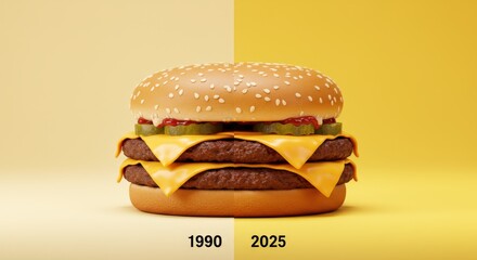 Comparison of classic and future burger designs showcasing changes from 1990 to 2025