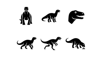 A collection of minimalist Iguanodon dinosaur silhouette icons in black and white on the ground. They are each unique and eye-catching. They evoke a sense of curiosity and wonder.