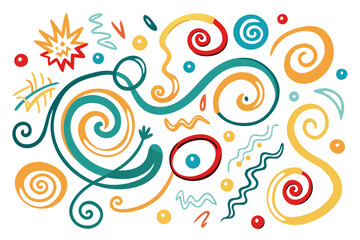 Vibrant abstract shapes and swirls create a playful, energetic pattern perfect for modern design projects needing a burst of color and dynamic movement.