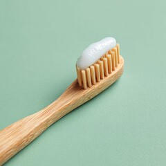 Minimalist close-up of a natural wooden toothbrush with white toothpaste on its bristles against a soft pastel green background, highlighting eco-friendly dental care