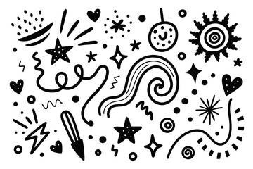 Vibrant collection of hand-drawn celebratory elements like stars, hearts, and confetti perfect for adding a festive, playful touch to any design project.