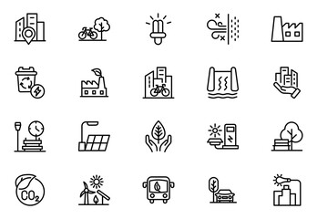 Eco Green City Icon Set. Minimalist Line Icons for Sustainability, Smart Cities, and Environmental Conservation Projects