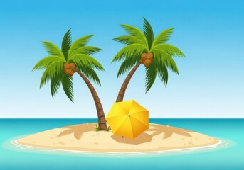 Fototapeta premium Flat illustration of a tropical island paradise with two palm trees and a yellow umbrella on a sandy beach surrounded by turquoise water