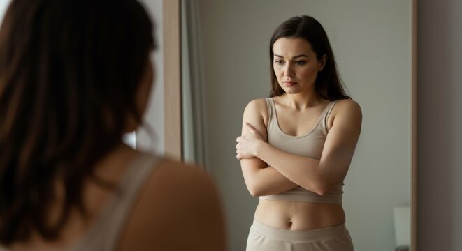 Woman reflecting on body image while standing in front of a mirror in a bright room - Powered by Adobe