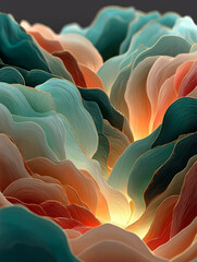 Abstract Organic Landscape with Flowing Shapes in Teal and Coral Colors – Dreamy Nature-Inspired Background