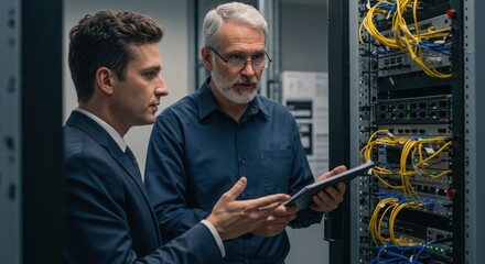 Business professionals discuss network solutions in a server room