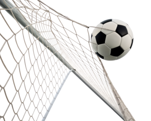 Soccer ball hitting a goal net isolated on a white background