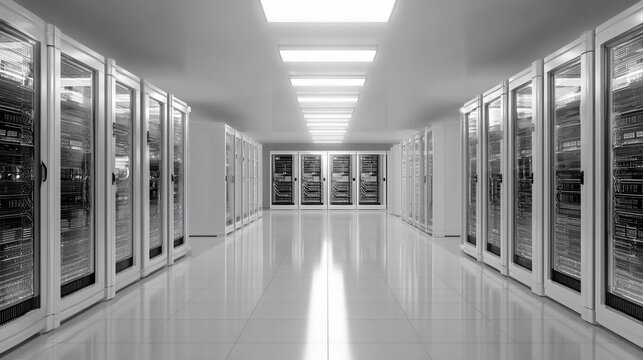 Black & white image of a data center corridor