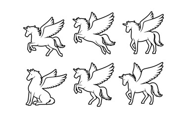 Six Pegasus unicorns illustrations in black and white. The image features several different poses of a winged horse
