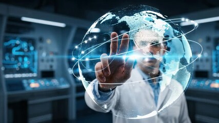 Futuristic doctor manipulating global data on touch screen in research lab environment - Powered by Adobe