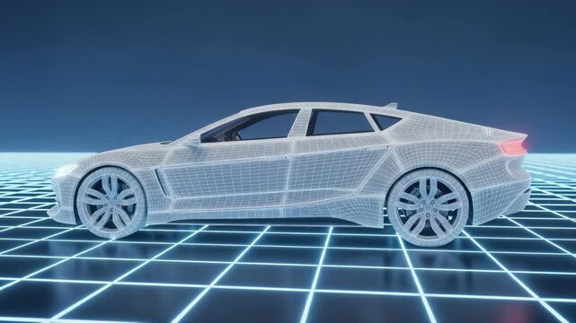Futuristic Car Design Visualization in Wireframe Style with Neon Grid Background animation