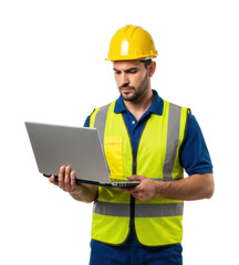 Young caucasian male engineer in safety gear using laptop for worksite planning. Cut out PNG
