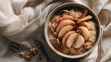 Bowl of oatmeal topped with fresh apple slices, walnuts, and cinnamon sticks on soft fabric background, cozy healthy breakfast