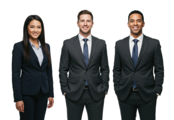 Professional group portrait of diverse business team with caucasian and african men asian woman. Cut out PNG
