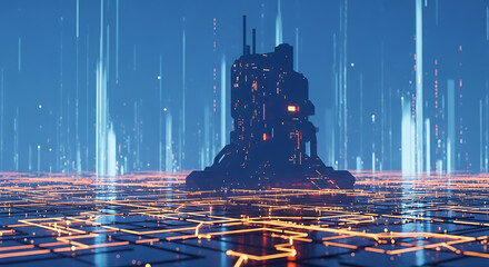 Digital infrastructure hub with luminous network in cyberspace visual exploration