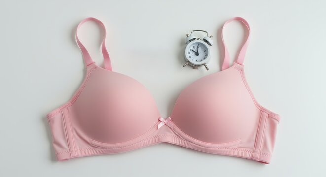 Fashionable pink bra with silver clock placed beside it on a white surface